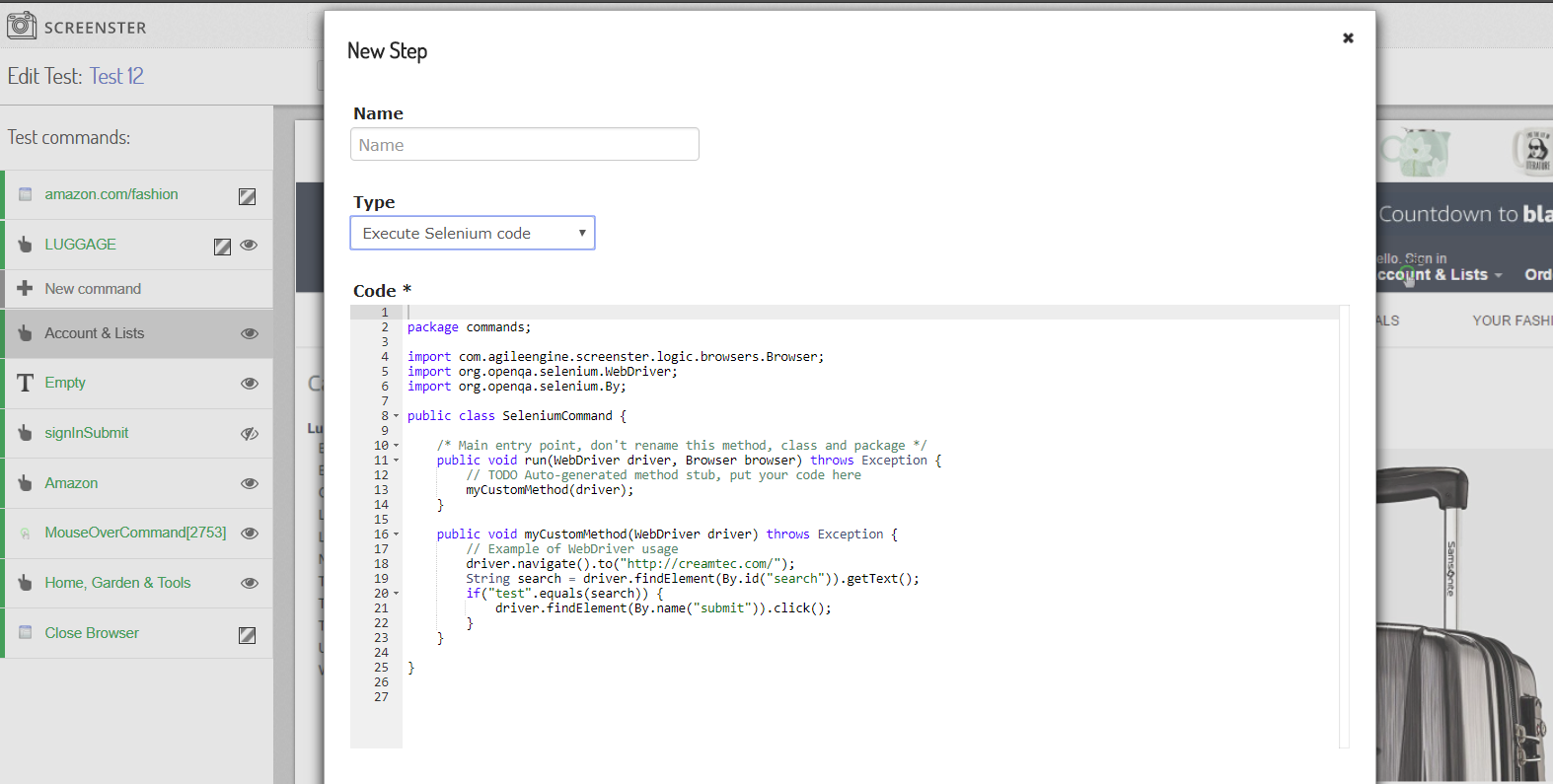 Visual UI testing: add step Selenium code