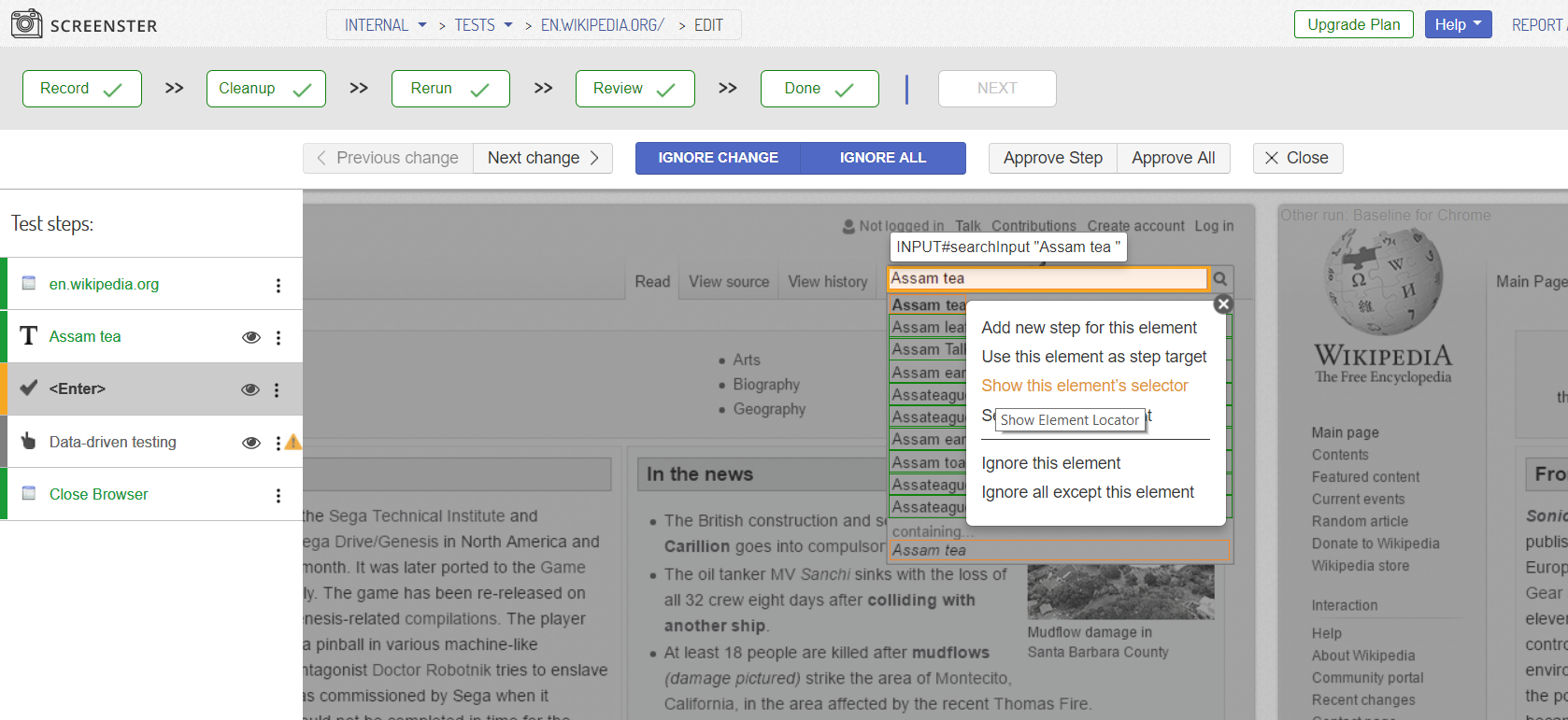 Visual UI testing: show element locator