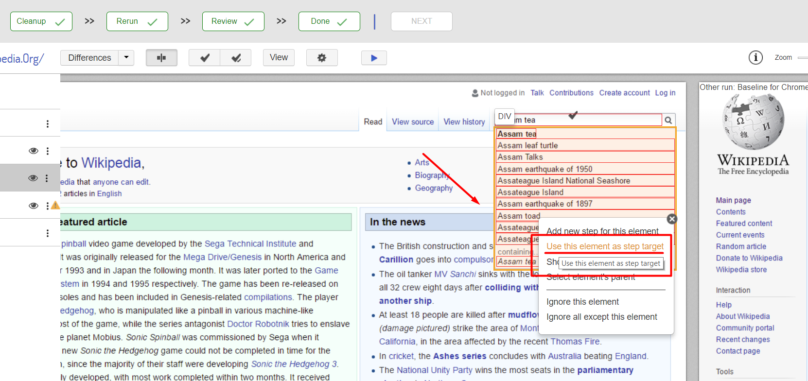 visual regression testing functionality: update element locator