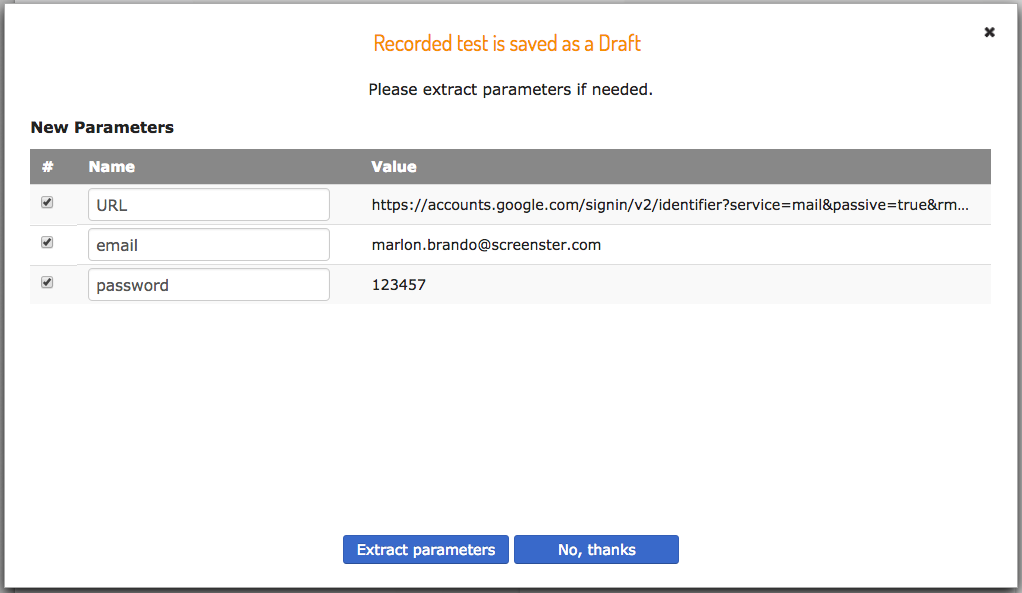 Test parameters in Screenster: URL and user credentials (UI screenshot)