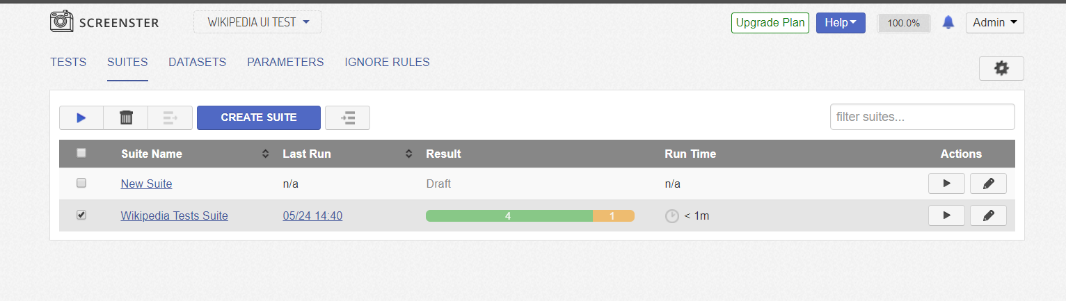 Visual UI testing: suite status