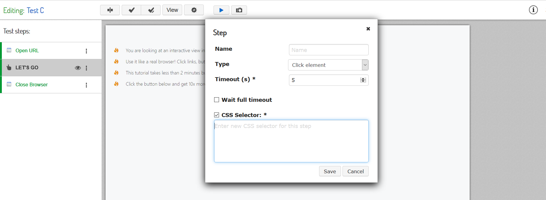 Visual UI testing: add new step pop-up