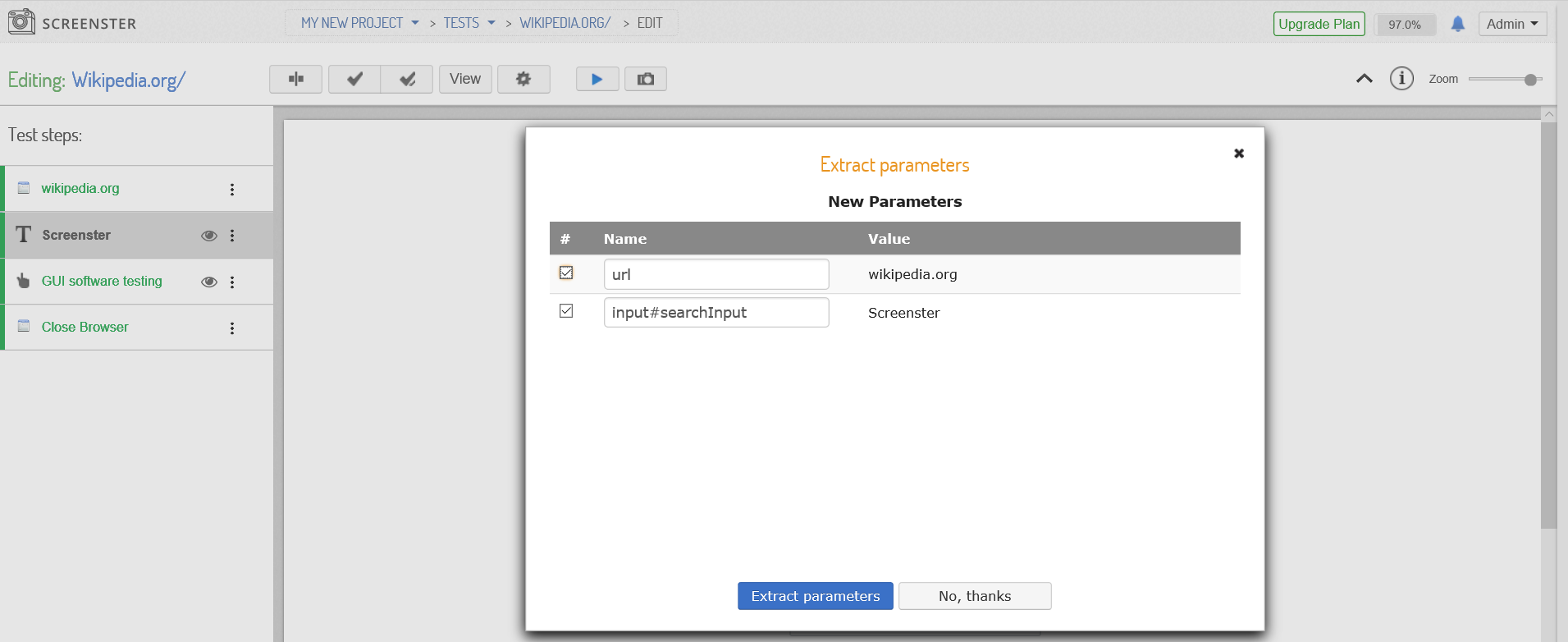 Visual UI testing: extract test parameters pop-up