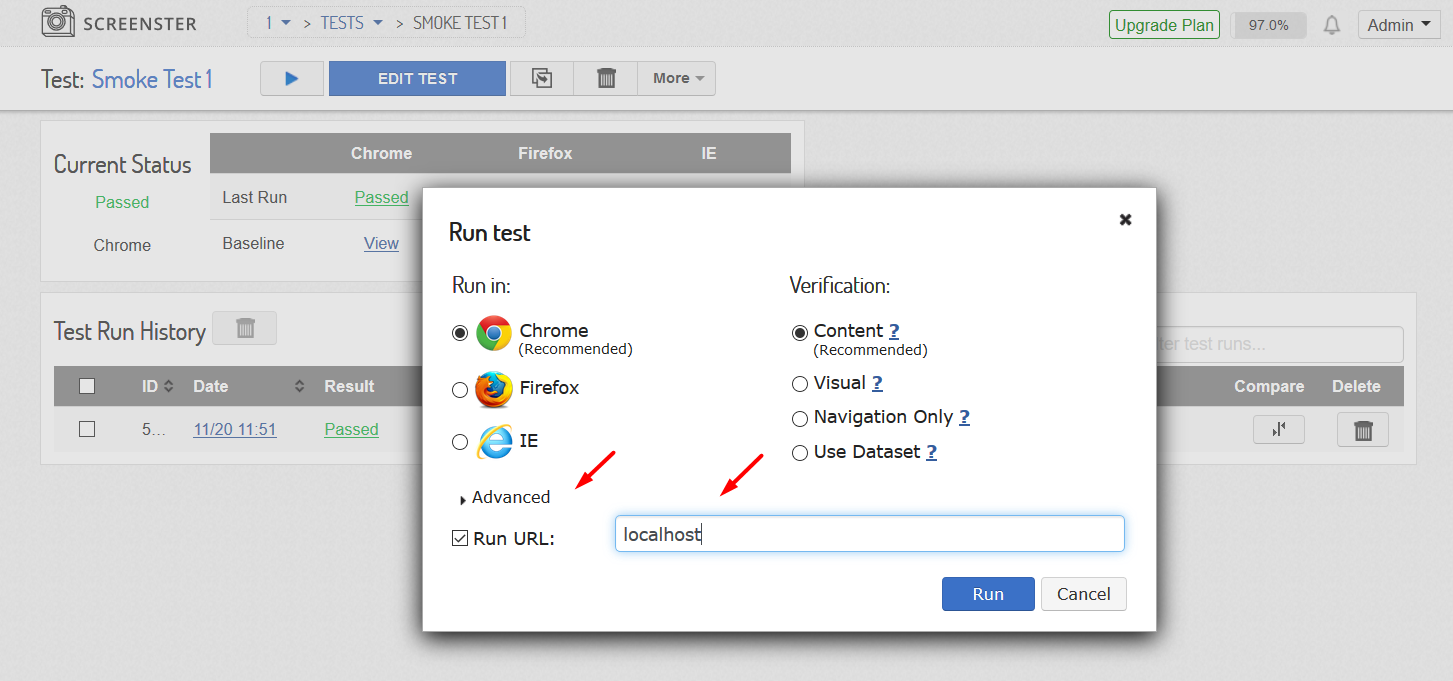 Visual UI testing: execute with new url