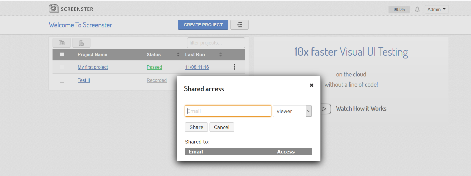 Visual UI testing: shared access to project